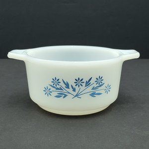 Dynaware Pyr-O-Rey Blue Cornflower Small Round White Milk Glass Casserole Baker
